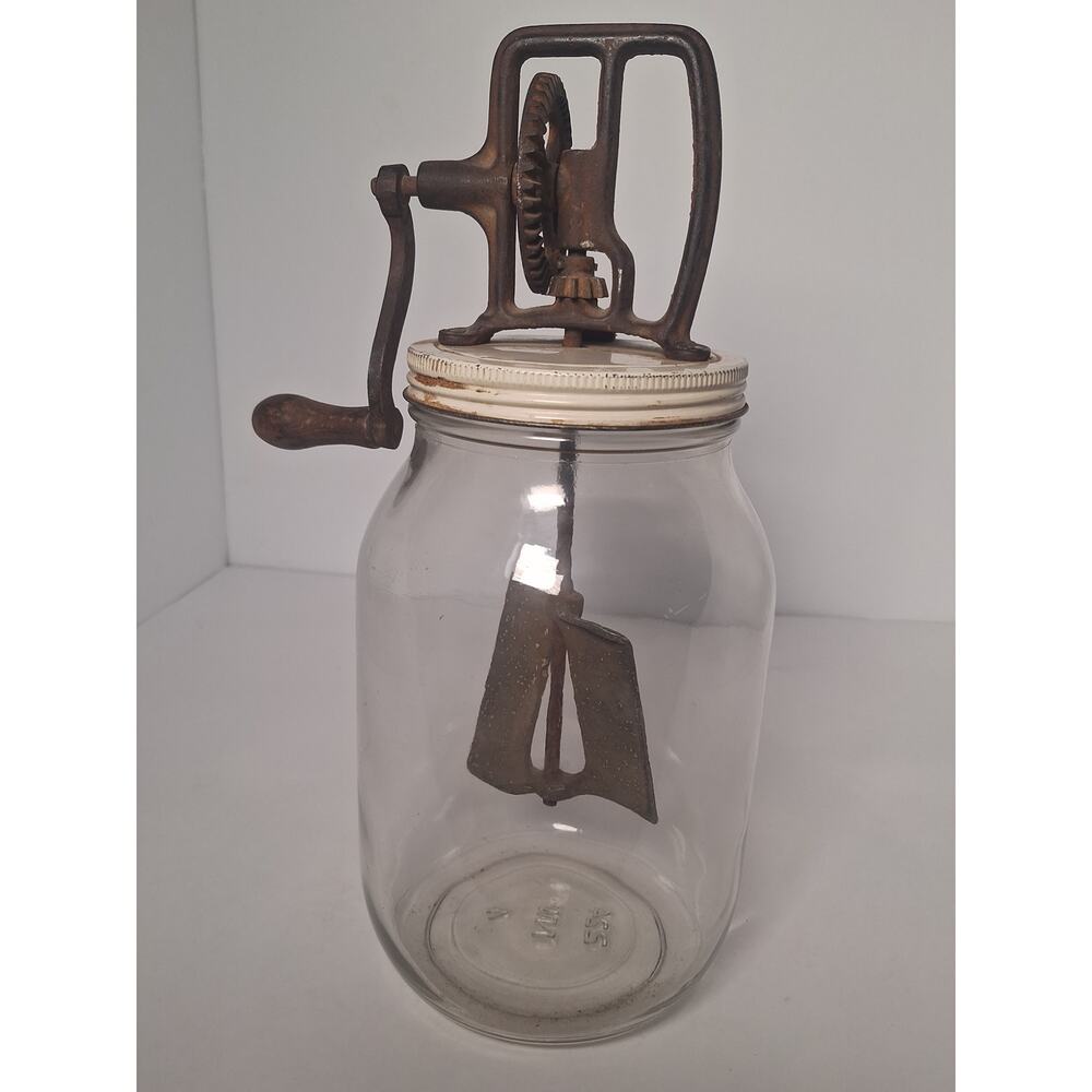 Antique Hand Crank Butter Churn Glass Jar Metal Paddles Primitive Farm